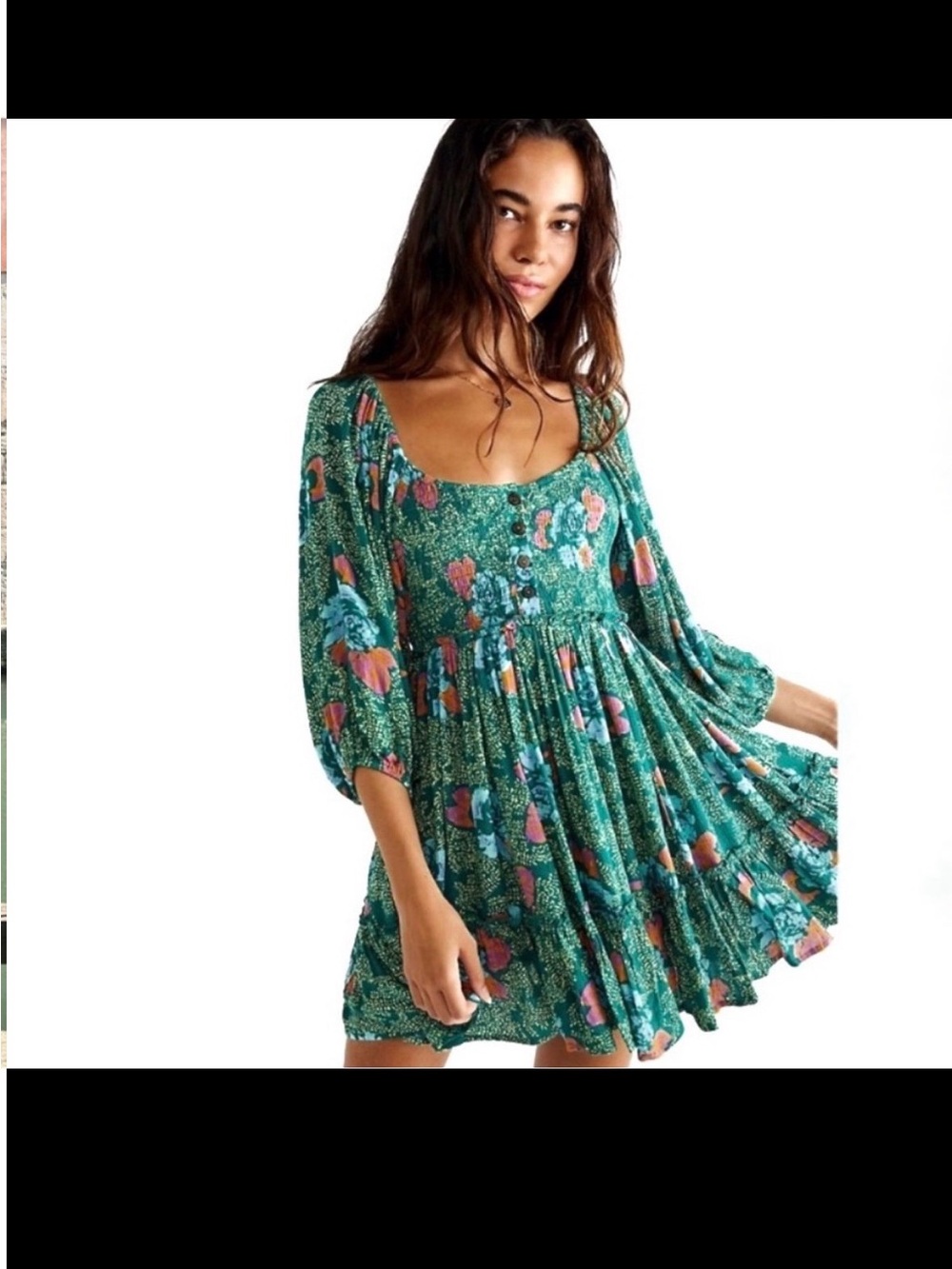 Free People Teal Green Floral Scoop-Neck Mini Dress